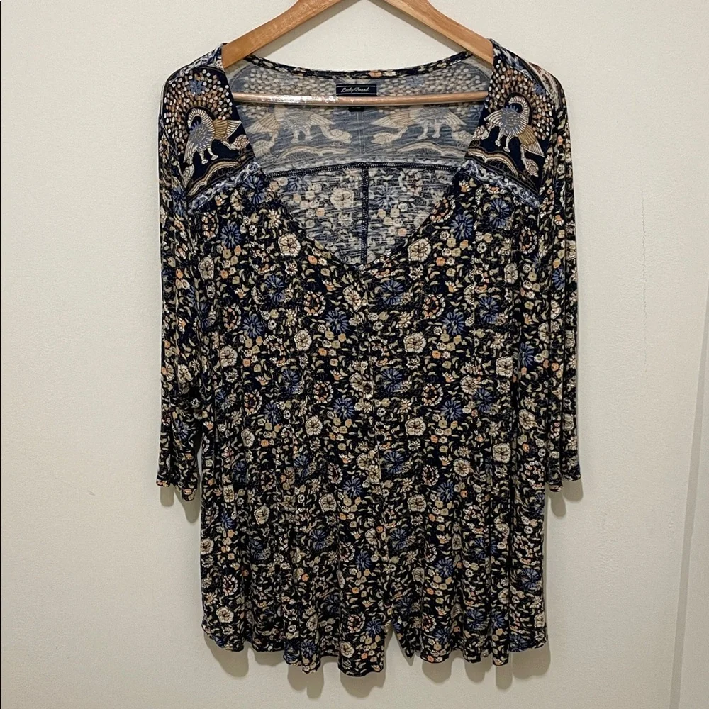 Lucky Brand Blue Floral V-Neck Button-down Top - Soft Knit Tunic, Size 3X - Picture 1 of 11
